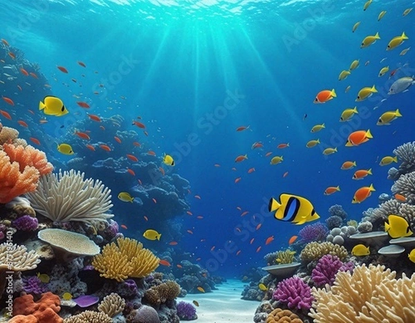 Fototapeta Vibrant Coral Reef Scene With Sunlight and Tropical Fish Generated AI