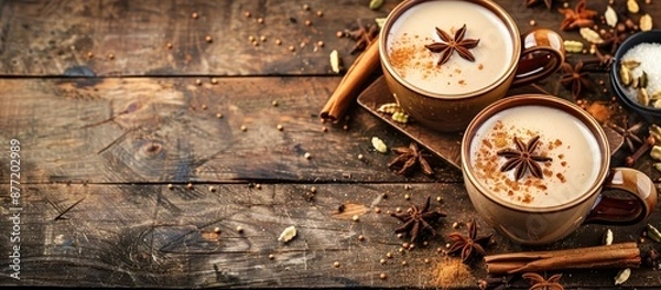 Fototapeta Indian masala tea with milk spices like cardamom cinnamon and star anise sweetened with cane sugar on a wooden background with copy space image