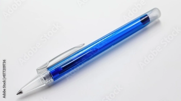Fototapeta Affordable automatic blue ballpoint pen in clear case without cap on white background