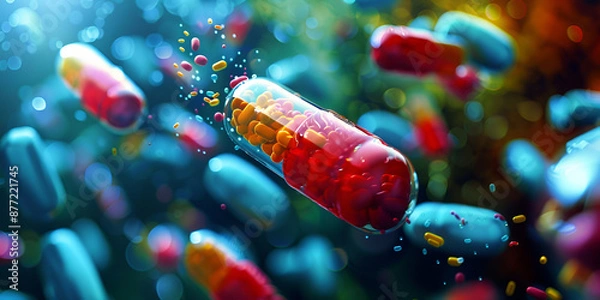 Fototapeta "Colorful Pills in Motion - Pharmaceutical Medication Concept | Dynamic Capsules - Drug Research and Development"

