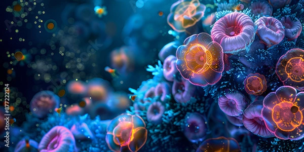 Fototapeta "Microscopic Coral Reef Life - Marine Biology and Ecosystem | Underwater Coral Reefs - Biodiversity and Ocean Science"

