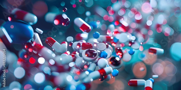 Fototapeta "Floating Pills and Capsules - Pharmaceutical Medicine Concept | Colorful Medication - Advanced Drug Development and Health"

