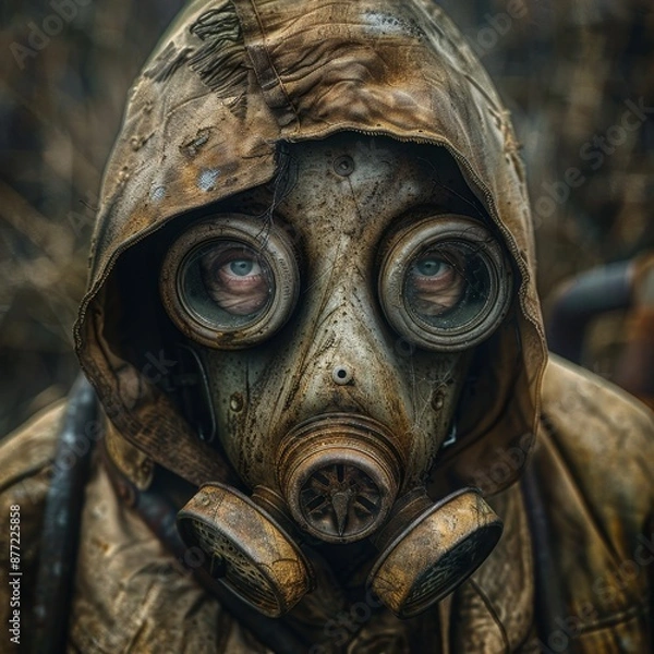 Fototapeta A haunting image of a person in a gas mask and worn-out hooded coat, reflecting post-apocalyptic or dystopian scenario.