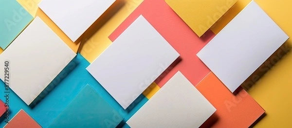 Fototapeta Blank business cards lay flat on a colorful background in a mockup image with ample copy space for text