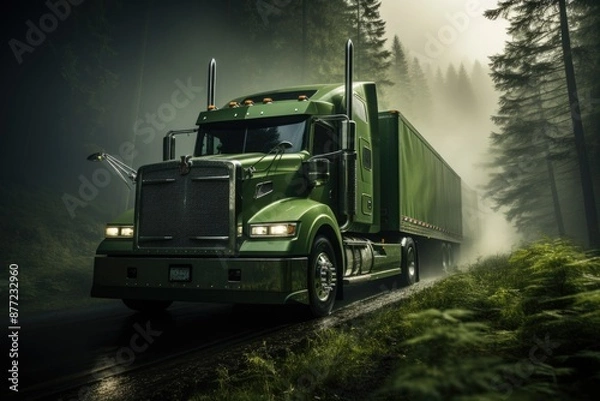 Obraz Green transport truck is traveling through a foggy green meadow in the morning, generative IA