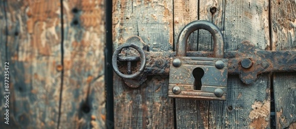 Fototapeta Close up image of an antique metal padlock on a rustic farmhouse door capturing the authentic village charm with a focus on the castle set against a textured wooden background with copy space