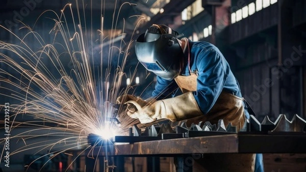 Fototapeta A man welding in a factory with sparks flying from his torch, AI