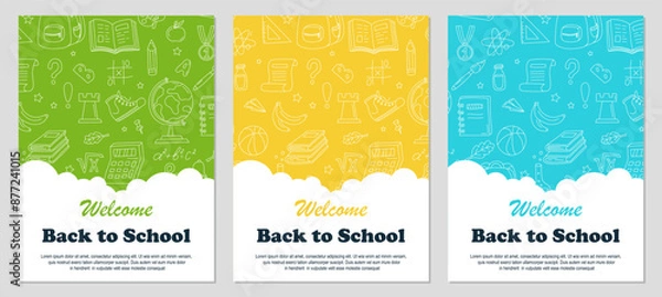 Fototapeta Back to school poster set. Back to School Social Media Template Collection with hand draw doodle background. Posters or covers set in trendy doodle style with school stationery, supplies