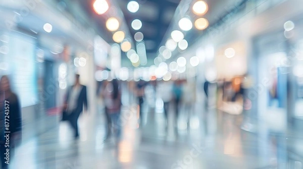 Fototapeta Blurred Bokeh Background of Exhibition Hall - Modern White Interior, Business Trade Show Abstract