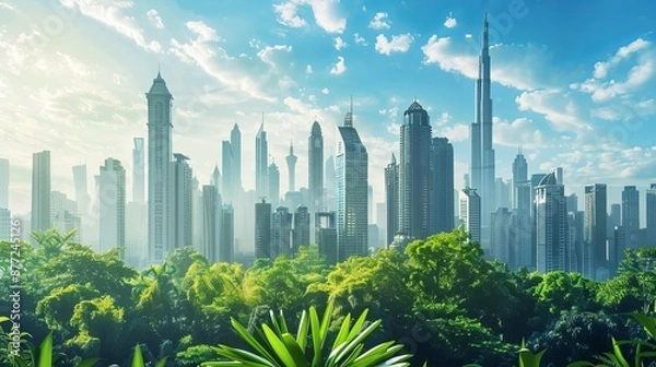 Fototapeta Modern Business Cityscape with Eco-Friendly Architecture and Green Spaces Under a Clear Blue Sky