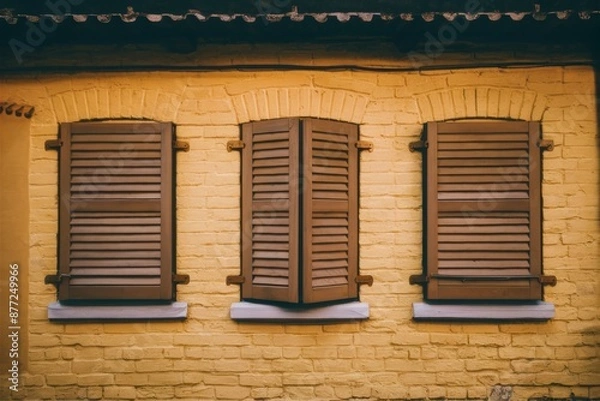 Fototapeta A brick wall with three windows and a clock on it, AI