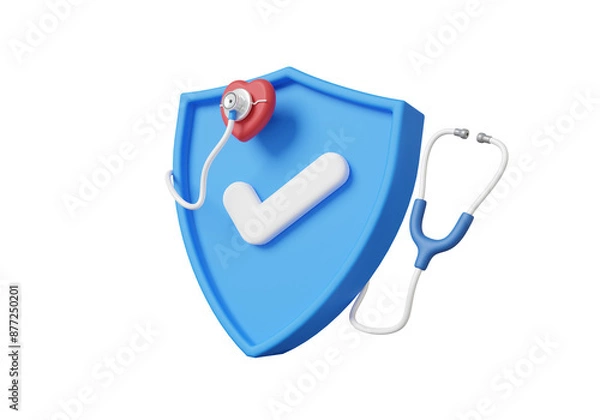 Obraz Shield protection health checkup heartbeat medical doctor stethoscope diagnosis floating on isolated background. healthcare checkmark concept. 3d rendering