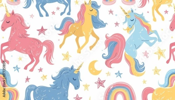 Fototapeta Whimsical Hand-Drawn Unicorn and Rainbow Pattern for Magical Themes on Isolated White Background