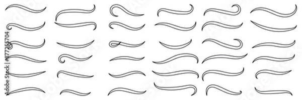 Fototapeta Swoosh line vector, underline swish, stroke swash swirl, curly hand drawn text calligraphic brush tail, black fireworks icon set isolated on white background. Doodle decorative illustration in eps 10.