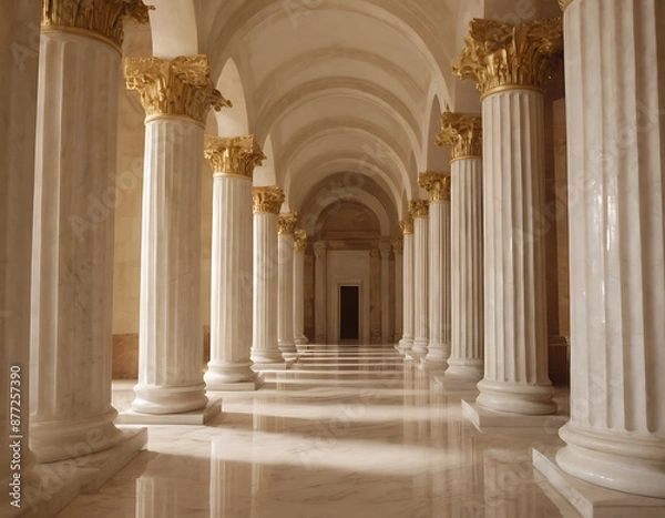 Fototapeta Ornate hallway with white marble columns and gold accents. Ideal for architecture, history, luxury, or wedding themes.