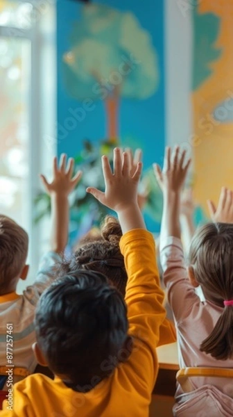 Fototapeta A group of children are raising their hands in a classroom. The children are wearing yellow shirts and are sitting at a table. Scene is one of learning and engagement