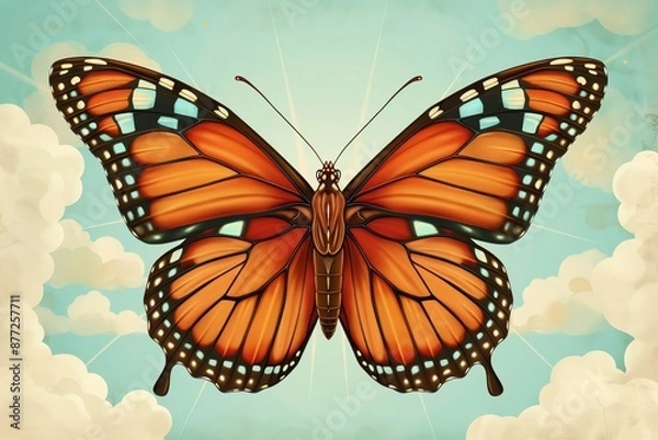 Fototapeta A vibrant monarch butterfly with open wings against a cloudy sky.