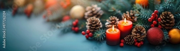 Fototapeta Close-up photograph of a holiday centerpiece with pine cones, candles, and berries, placed on a brightly colored background, holiday season preparation, high angle