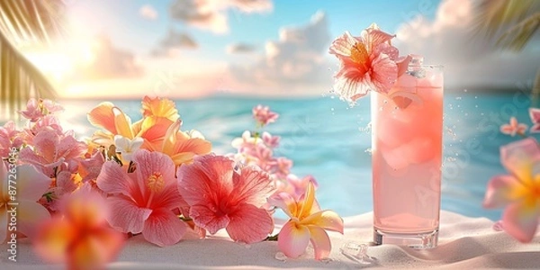 Obraz Refreshing Tropical Drink with Hibiscus Flowers on a Sandy Beach at Sunset