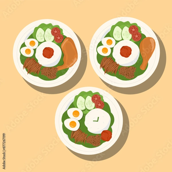 Fototapeta set of icons of food Asian food Nasi Lemak is a rice dish infused with coconut milk. Served with sambal, fried anchovies, fried peanut, boiled eggs, and fresh cucum