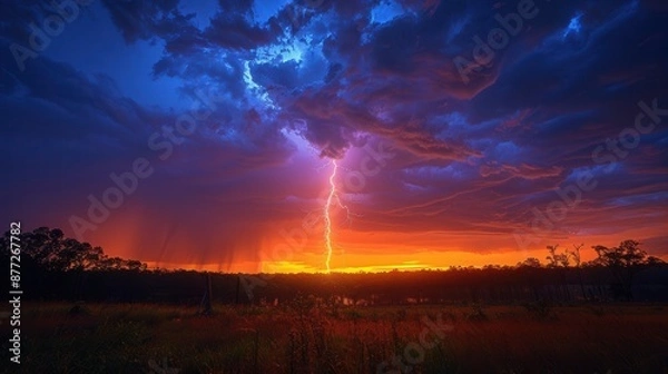 Fototapeta Electrifying Thunderstorm: A Stunning Lightning Strike in a Forested Wilderness