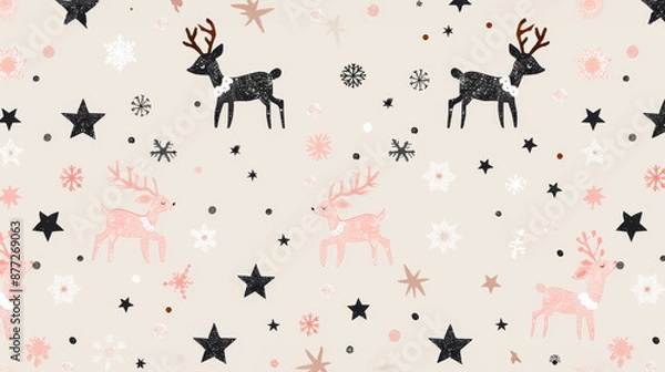 Fototapeta Winter Wonderland: Reindeer and Snowflakes Pattern Background