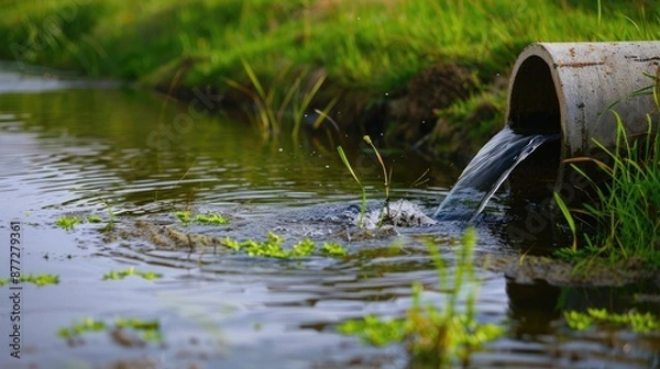 Fototapeta waste water running slow from a concrete pipeline direct onto a natural pond with green grass on the bank and light green small mosquito fern on the water surface