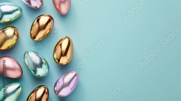 Fototapeta Shiny metallic Easter eggs on pastel blue with text space Top view flat lay composition Minimalist foil egg design