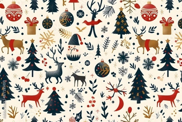 Fototapeta A flat design pattern of repeating Christmas ornaments in various geometric shapes and colors, creating a modern and abstract design
