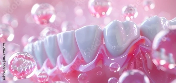 Fototapeta Close-up of pearly white teeth with pink gum and bubbles.