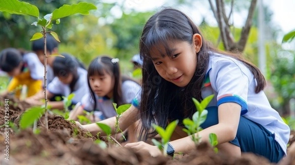 Fototapeta Thai students planting trees as part of an environmental project, hands-on learning, outdoor classroom, ecological awareness