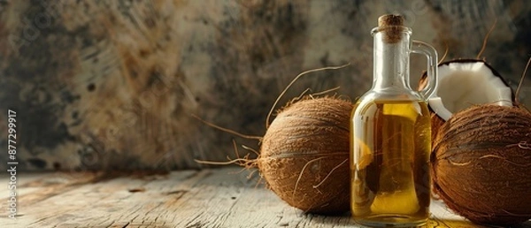 Obraz Glass bottle filled with golden coconut oil sits on a rustic wooden table, Two whole coconuts and a half-cut coconut are arranged around the bottle, showcasing the natural source of the oil. 