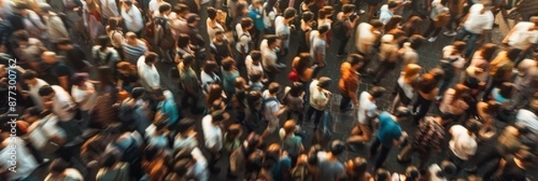 Fototapeta Blurred image of a large crowd of people walking on a street. Horizontal composition with varied colors and motion blur effect.