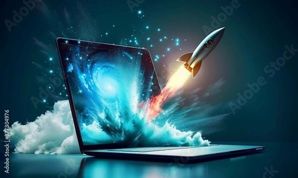 Fototapeta Rocket exiting laptop screen with abstract digital wave
