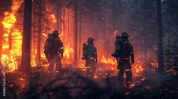 Fototapeta Action image of Firefighters standing forest fire.generative ai