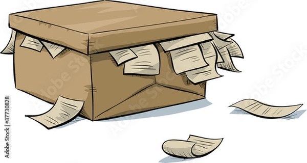 Obraz A cartoon cardboard box with paper documents spilling out from under the lid.