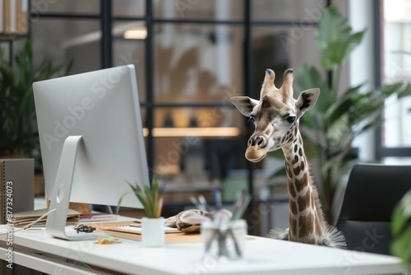 Obraz A giraffe sits at a desk working on a computer in a modern office space, with plants and light filtering in.