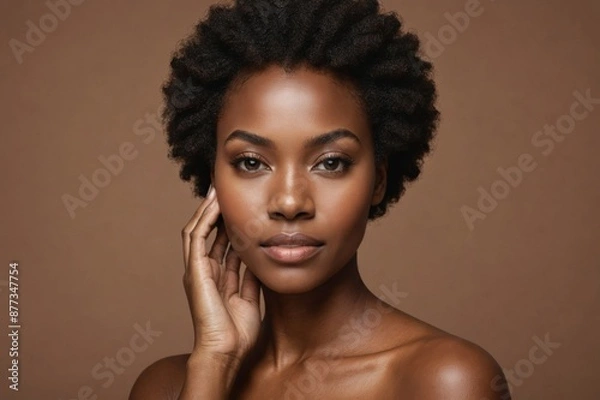 Obraz Face, beauty and skincare with a model black woman in studio on a brown background for natural hair care. Eyes, portrait and makeup with an attractive young female posing to promote cosmetics