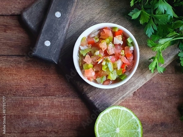 Fototapeta vinaigrette sauce tomatoes, peppers and onion in a white pot on a wooden background typical of a Brazilian barbecue
