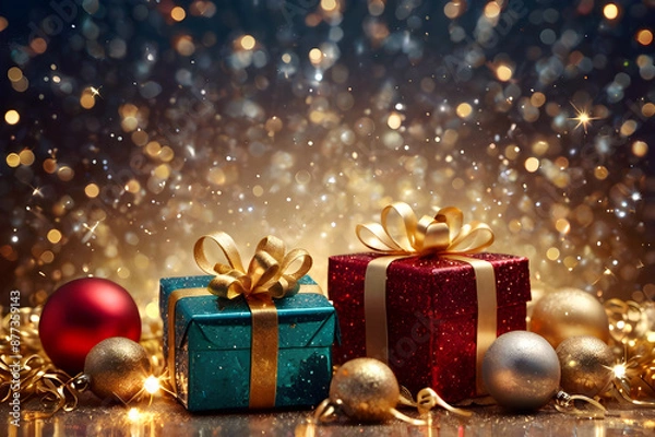 Obraz Christmas balls, gifts and lights in shiny, glittering silver and golden colors, festive, magic new year background, bokeh, template for design, greeting postcard with copy space.