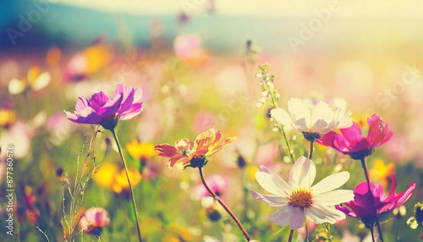Fototapeta Wild flowers of clover and butterfly in a meadow in nature in the rays of sunlight in summer in the spring close-up of a macro. A picturesque colorful artistic image with a soft focus
