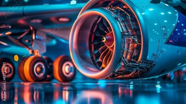 Fototapeta In the dark hangar cabin airplane with glowing yellow orange neon lights and a close up of turbofan engine blades, there is a picture of a modern blue turbofan jet engine blades.