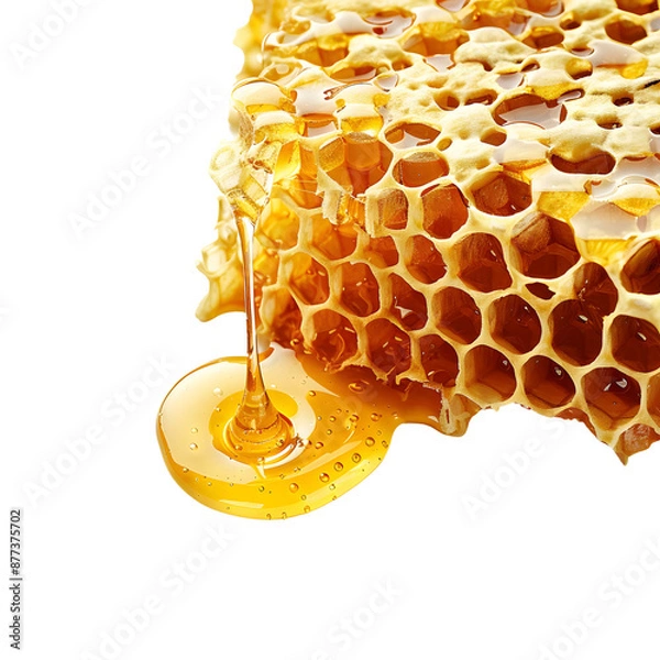 Fototapeta a golden honeycomb dripping honey on an isolated white background, close-up
