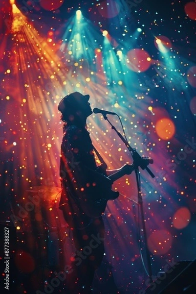 Obraz Silhouette of a guitarist singing on stage with colorful bokeh and dramatic lighting effects during a lively live music concertSilhouette