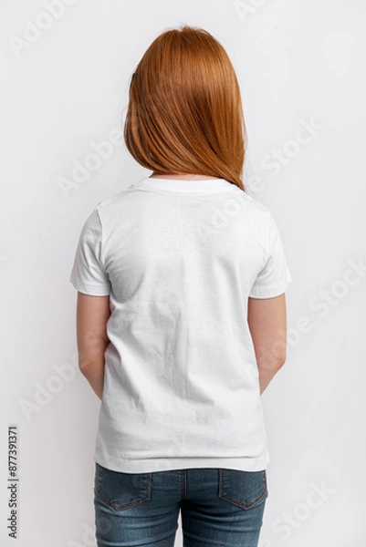 Obraz little redhead girl wearing blank white t-shirt on white background, Back view