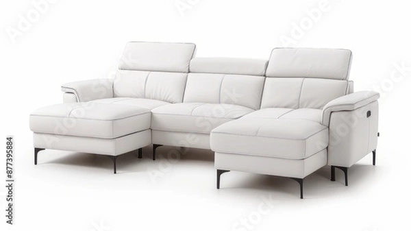 Obraz A minimalist living room featuring a white sofa with plush cushions, a sleek side table