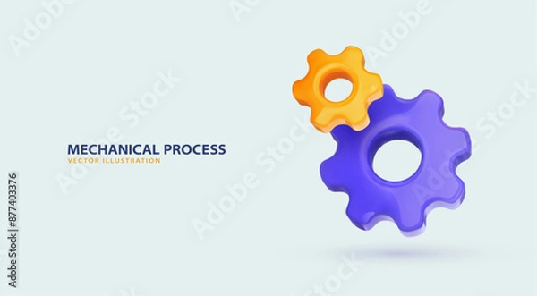 Obraz 3d cartoon cog wheels vector illustration. Customer support icon. Technical support engineering light background concept. 