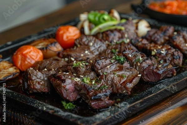 Fototapeta Delicious grilled steak slices with sesame seeds are served on a hot plate with vegetables