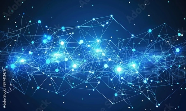Fototapeta Abstract background with glowing blue network connections and data points. Concepts. technology, communication, internet, big data, science, innovation.