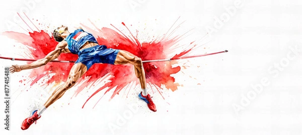 Obraz Dynamic illustration of a professional high jumper in action, competition, sports games, summer olympic games. Vibrant color. High jump. Illustration.
